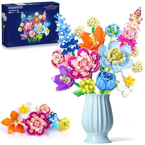 PLAXSOON Jeu De Construction de Bouquets de Fleurs, Collection de blocs de construction Botanical, Fleurs Rose Décoration d'intérieur, Saint-Valentin Anniversaire pour Adultes Femmes Garçons Filles 8+