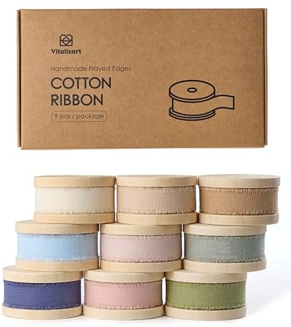 Vitalizart Nastro di Cotone 1,6 cm x 57,6 m (9 Rotoli*6,4 m) Misto 9 Colori, Frange Fatte a Mano Nastri in Tessuto Naturale per Inviti di Nozze Bouquet da Sposa Confezione Regalo Decorazione Vacanze