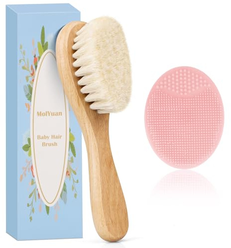 MolYuan Brosse cheveux bebe, à cheveux Poils de chèvre doux Premium Brosse à bébé en bois pour Cradle Cap, garçons et filles, pour enfant et nouveau-né, Rose Brosse de chapeau de berceau