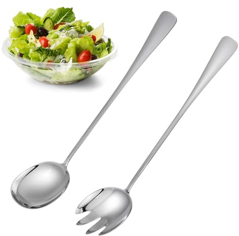 Nogeqi Lot de 2 couverts à salade de 28 cm en acier inoxydable - Grande cuillère de service - Cuillère à salade longue - Cuillère à salade avec longues poignées - Couverts pour salades, buffets et