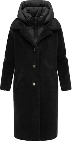Navahoo Damen warmer Plüschmantel aus Teddyfleece mit abnehmbarem, gestepptem Krageneinsatz Teddyzauber 14 Black Gr. M
