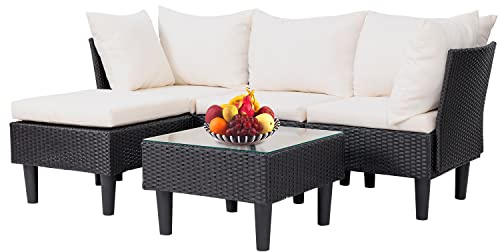 5 Pieces Patio Furniture Sets Outdoor Sectional Sofa Rattan Chair Wicker Conversation Set for Outdoor Backyard Porch Poolside Balcony Garden Furniture with Coffee Table,Khaki Cushion