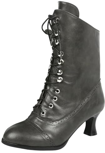 SOOUICKER Ladies Mid Calf Lace Up Boots Women Wide Fit Gothic Steampunk Ankle Boots for Women with Heel