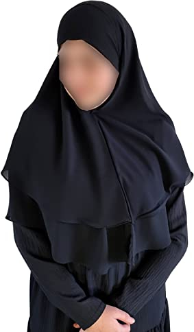 Yaqeen Hijab Kurzer Chiffon-Khimar, 2-lagig, Diamantschliff, Dreieck, Hijab, Muslimischer Schal, Kopftuch, Chadors, Arabien, islamisches Gebetskleid, muslimische Schals, Schwarz , Einheitsgröße