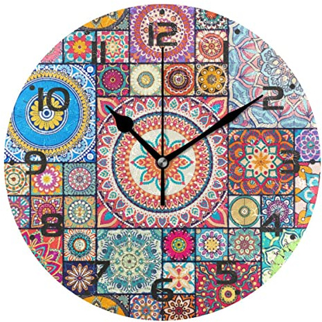 Mnsruu Large 25 CM Wall Clock, Moroccan Bohemian Pink Tribal Silent Atomic Analog Clock, Battery Operated, Non Ticking, Kitchen, Classroom, Home Decor