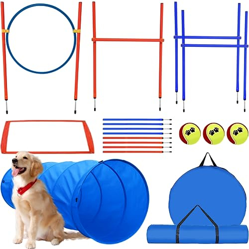 G TALECO GEAR Agility Set Hunde, 7-teiliges Set Agility Ausrüstung für Hunde, Agility Set mit 180CM Hundetunnel, Einstellbar Springring, 3 Einstellbar Hürdenstange, 8 Slalomstangen