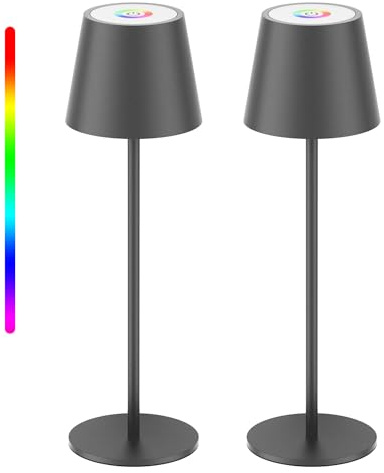 Aipsun 2 Stück Dimmbare LED Akku Tischlampe Kabellose Dunkelgrau, Wiederaufladbar Warmweiß 3000K Tischleuchte & 8 RGB Farben Für Camping, Bar, Schlafzimmer, Restaurants mit USB-C, Aluminium, IP54
