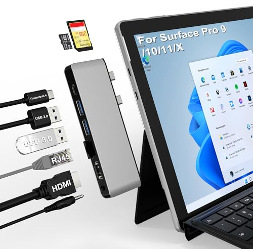 Surface Pro 11 Hub estación de acoplamiento 9 Hub HDMI 4K, USB-C Thunderbolt 4 (video 8K + datos + PD), 100M RJ45, 2 USB 3.0 y ranura para tarjeta SD/TF