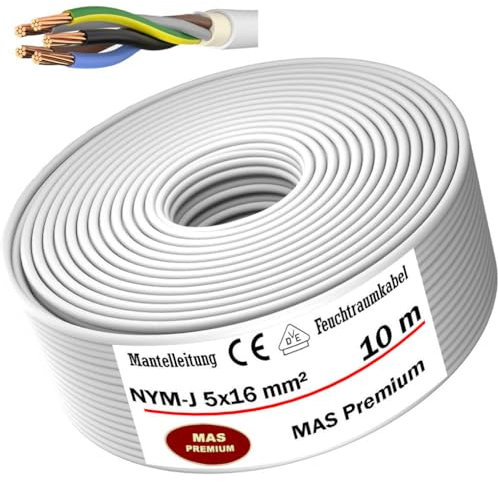 Cable de alimentación para ambientes húmedos, cable de alimentación de 5 a 20 m, NYM-J, 5 x 16 mm², anillo OFC para instalación fija (10 m)