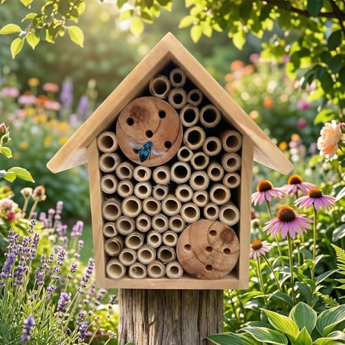 EGREE Mason Bee Houses Outdoor Wooden Bee Hotel for Garden and Yard Hand-Made Bamboo Bee Hive for Bees Butterflies and Ladybugs, Medium Size 8x7.5x5, Natural Finish