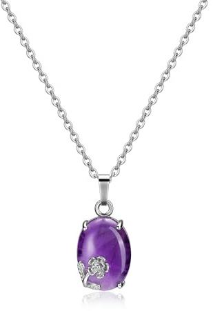 Jovivi Collier Amethyste Pierre Naturelle Femme Pendentif Ovale avec Décor Petit Fleur Collier Femme Fille Cadeau Mère Valentine Amitié BBF