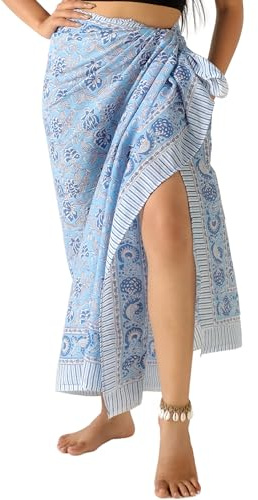 THE ART BOX Sarong 100% Coton pour Femme Indien imprimé Bloc de Bain Maillot de Bain paréo Jupe Portefeuille Plage Bikini Cover Up Long (185 x 110 cm), Bleu poussiéreux, Taille Unique
