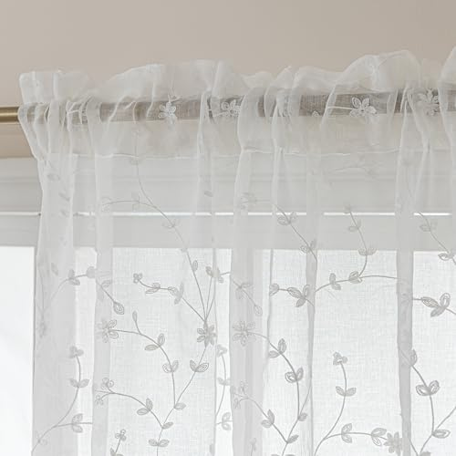 MvchennL Embroidered Sheer Curtains, White Floral Leaf Embroidery Light Filtering Sheers, Elegant 72 Inch Length 2 Panels Set, Rod Pocket Patterned Window Drapes for Living Room/Bedroom