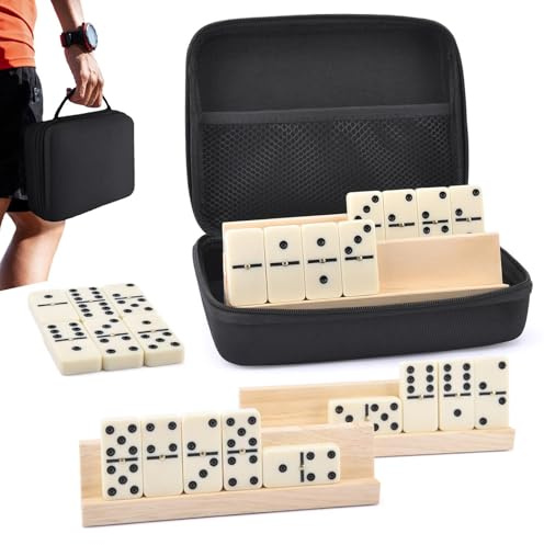 Dominospel set, dominoset för vuxna, klassiska 28-delade dominoer med hårt fodral Eva | Familjvänner Gathering brädspel för dominospelare för d