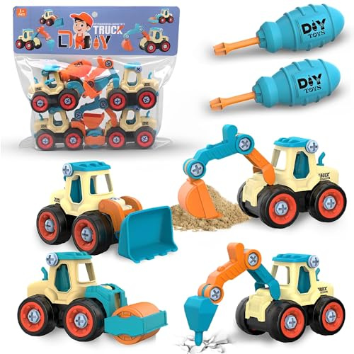 Cylora Juguetes de Vehículos de Construcción 4 en 1 para Niños a Partir de 2 Años, Set de Excavadoras DIY con Destornillador, Desmontar Camión de Ingeniería para Niños, Niños