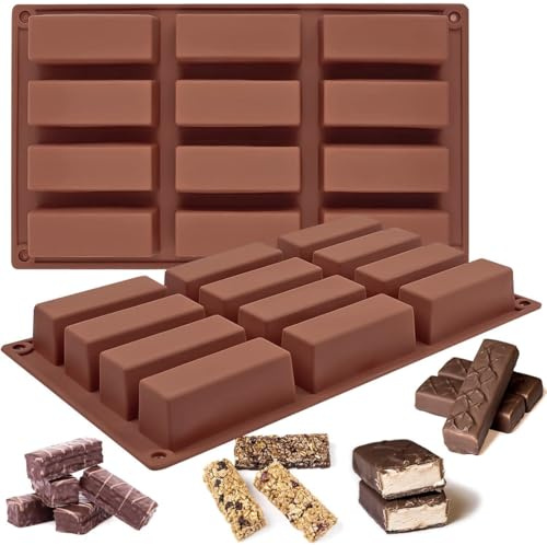 KIRZAX Set da 2 Stampi in Silicone per Barrette, 12 Cavità,Antiaderente Stampi per Barrette di Cereali Rettangolari,per Preparazione Barrette Energetiche ai Cereali,Torrone,Cioccolato,Torte