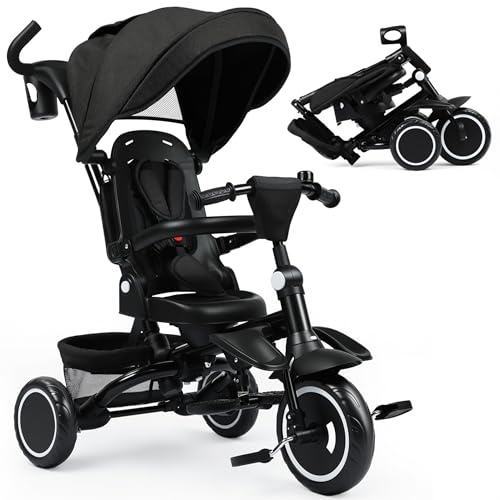 TODEFULL Folding Kids Tricycle, 8 in 1 Toddler Trike W/Removable & 1 Step Brake, Adjustable Canopy, Parent Handle, 5-Piont Harness, Toddler Bike Tricycle for Kids 1-6 Years, Storage Basket, Black