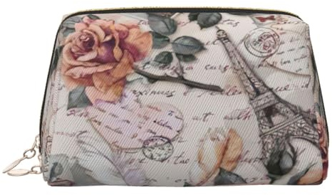 Flower Paris Eiffel Tower Print Leather Cosmetic Pouch, Leather Makeup Bag for Purse with Top Zip Closure Stylish Toiletry Bag