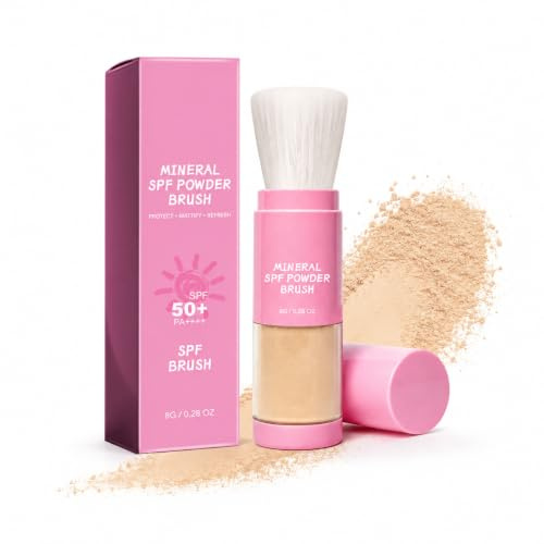 Vaethy Polvo protector solar mineral, SPF 50 Sunscreen Setting Powder, protección solar para cuero cabelludo con cepillo, resistente al agua, polvo facial transpirable, polvo mineral suelto adecuado