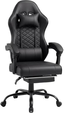Panana Gaming Chair with Massage Lumbar Support, Retractable Footrest, Reclining Backrest 90-135°, 360° Swivel Desk Chair (Black)