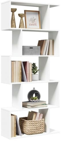 Kaloriko rumsavdelare bokhylla 5 nivåer vit av trämaterial 70 x 24 x 161 cm med mångsidigt förvaringsutrymme för vardagsrum kontor sovrum, stabil trapphylla, förvaringsfack för böcker och dekoration