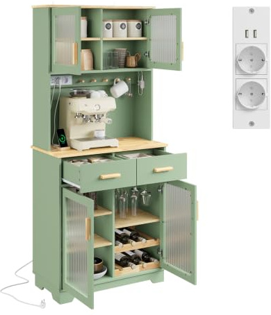 SoBuy Kökskåp med LED, vitrindörrar och vinställ, 80×40×180 cm | Kaffeskåp med eluttag, USB, arbetsyta och förvaring, för kök, matsal och kaffehörna, MDF, FSB108-E-GR