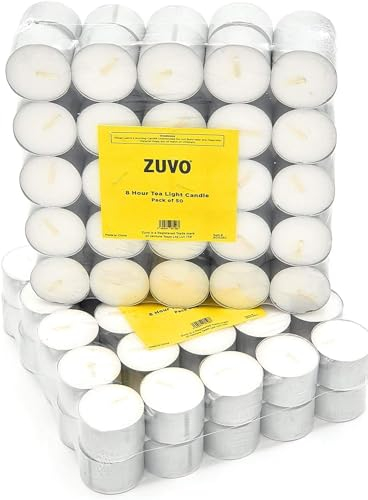 Zuvo 8-Hour Unscented Tea Light Candles (50-Pack) - Long-Lasting with Cotton Wicks, Clean Burning, 3.8 x 2.3 cm, White