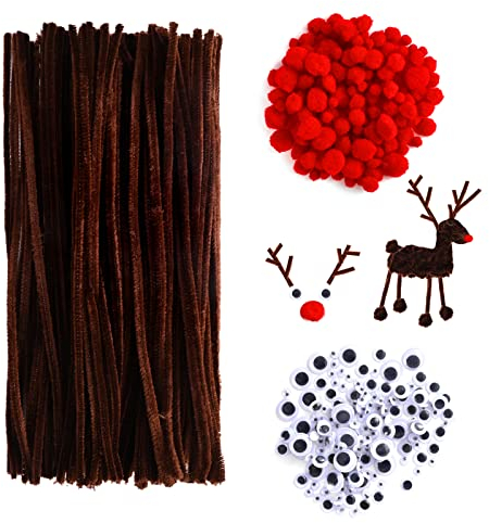 Abnaok 450pcs Pfeifenputzer Bunt zum Basteln Set, 150 Stück Rote Pom Poms, 150 Stück Wackelaugen Selbstklebend, 150 Stück Pfeifenreiniger Braun