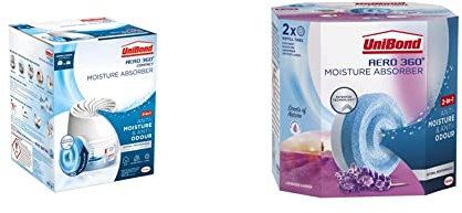 Unibond AERO 360 Compact Moisture Absorber, Ultra-Absorbent Dehumidifier, 1 Refill Tab 450g & UniBond AERO 360° Moisture Absorber Lavender Garden Refill Tab