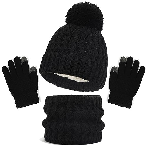 Baynetin Echarpe et Gants à écranTactiles Bonnet Ensemble 3Pièces, Enfant Tricoté Tour de Cou Chaud, Hiver Accessoires pour Fille Garçon 2-8 Ans Ski Activité de Plein Air (Noir)