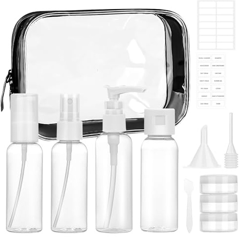 10 Bottigliette da Viaggio Set, 60ML Bottigliette da Viaggio Aereo, Portatile Contenitori Liquidi con Etichetta Contagocce Cucchiaio, Bottiglie Ricaricabili, per Cosmetici, Shampoo, Creme