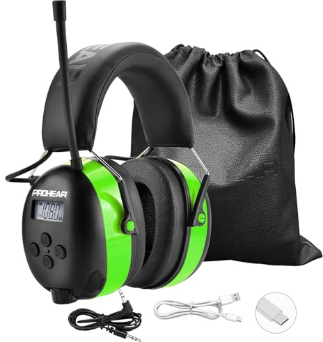 PROHEAR 033 Bluetooth Ear Defenders for Adults with AM/FM Radio, Rechargeable Electronic Hearing Protection, Noise Reduction Wireless Safety Muffs with AUX Input for Mowing & Work (Green)
