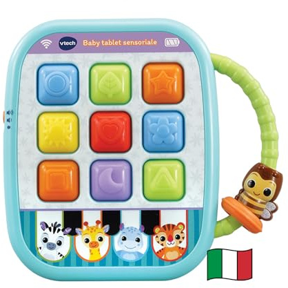 VTech Baby Tablet Sensoriale, Tablet Interattivo con più di 35 Canzoni, Frasi, Suoni, 9 Pulsanti Morbidi per Imparare Colori e Forme, Manico per Trasporto, Lingua Italiana, Batterie Incluse, 6-36 Mesi