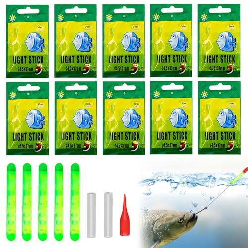 SHOWHEEL 50 pièces Lumière de Pêche de Nuit,Bâtons Lumineux Canne À Pêche,4,5 x 37 mm Glow Stick Pêche de Nuit,Lumières de Bobber de Pêche Vert Fluorescent Lumière