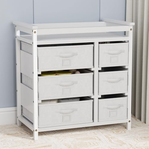 XJD Wickelkommode mit Wickelaufsatz, Wickeltisch Baby, Kommode mit 6 Schubladen, Wickelregal Wickelstation, Wickelschrank, Weiß, MDF