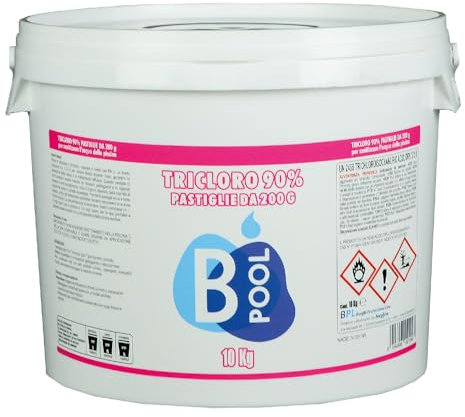B POOL Tricloro 90/200 Blisterate in Pastiglie. Cloro per Piscina in Pastiglie Stabilizzato a lenta dissoluzione per la sanitizzazione dell'acqua della tua piscina. Formato da 10 Kg