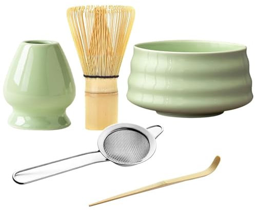 Matcha Kit, 5 Pièces Kit Matcha Complet, Bol Céramique, Tamis et Cuillères Matcha Coffret avec Fouet Bambou, Service à thé Japonais Set, Matcha Set