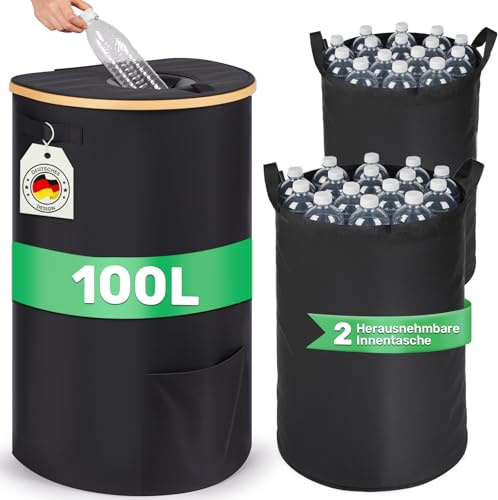 Contenedor para botellas retornables Luxstein de 100 l con tapa y bolsillos laterales, recogedor de botellas en forma de D fabricado en tejido resistente, con orificio y 2 bolsas de transporte, negro