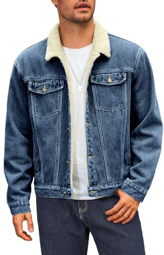 Runcati Giacca di jeans da uomo in pile denim, vintage, per il tempo libero, per le mezze stagioni, calda, soffice, invernale, per le attività all'aperto, con bottoni, Blu scuro, M