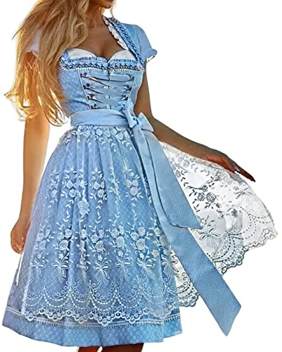 Robe Dirndl pour femme avec tablier et chemisier - Bleu - Robe midi à fleurs - Robe traditionnelle Dirndl avec jupe traditionnelle Dirndl - Tablier pour l'Oktoberfest - Robe traditionnelle