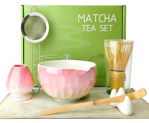 Matcha Set, 7 Piece Japanese Tea Ceremony Gift Box with Ceramic, Matcha Bowl, Bamboo Whisk, Stand, Traditional Spoon, Spoon Holder, Sifter, Tea Towel, Song Dynasty Inspired Design (Pink)