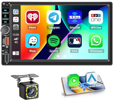 Hikity Autoradio 2 din avec écran Tactile de 7 Pouces, Radio 2 din avec Carplay Android Auto sans Fil Lecture Vidéo en Ligne Sortie Vidéo Radio FM Bluetooth SWC Caméra de Recul + MIC