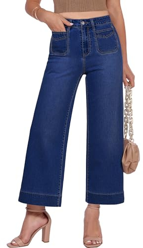 GRAPENT Womens Summer Pants Women Jeans High Waisted Crop Wide Leg Cropped for Denim Outfit Wide Leg Cropped Jeans, Darkness Blue, M, US Size 8 to 10