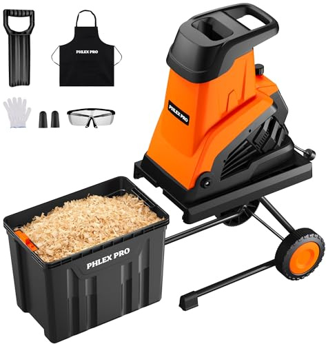 Wood Chipper Shredder, 15-Amp 1.8 Cutting Diameter Electric Wood Chipper with 50L Collection Bin & Portable Wheels, 1800W Electric Mulcher Shredder for Mulching, Composting and Yard Cleanup, Orange