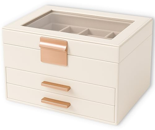 PECZEKO Smyckeslåda, smyckeskrin med transparent lock, smyckeskrin med 3 nivåer, 2 lådor, smyckesförvaring, modern – 23,1 x 20,3 x 13,5 cm, vit