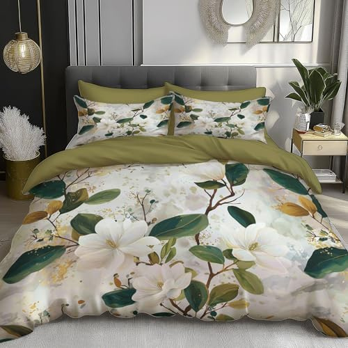 Full Duvet Cover Sets - White Magnolia Flowers Pattern Print Reversible Duvet Set (1x Quilt Cover, 2 x Pillowcases) Soft Microfibre Bedding Bed Set 80x 90, Green