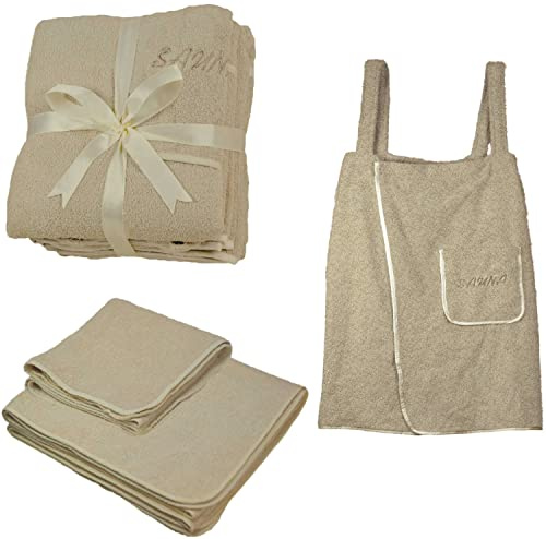 Set di 3 pezzi per sauna, in spugna, kilt, asciugamano per sauna, asciugamani piccolo, 100% cotone, Beige, Da donna