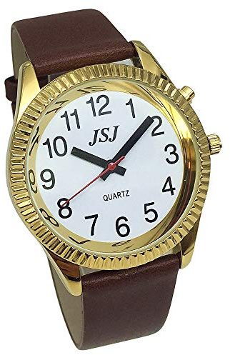 VISIONU Montre Parlante Analogique avec Alarme Annonce de l'heure et Date en Français pour Aveugle et Les Personnes Malvoyant, Couleur Dorée, Bracelet Cuir Marron