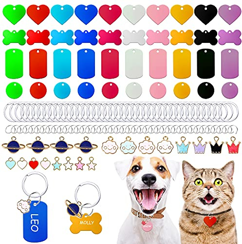 140pcs Pet ID Tag Set with 40pcs Colourful Blank Dog Tags Double Sided Aluminum Cat ID Tags，80pcs Stainless Steel Key Rings and 20pcs Pendants for Dogs Cats Pets Name Phone Number Craft Tag