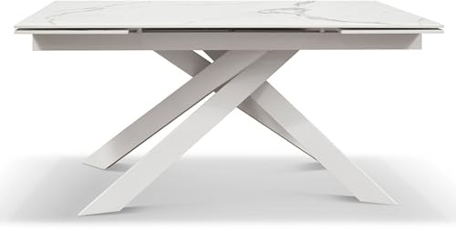 Mar.c.a. Design - Ausziehbarer Esstisch aus weißem Metall mit Glaskeramikplatte in Marmor-Finish, Esstisch für moderne Möbel, Küchentisch 160 x 90 x 76 cm
